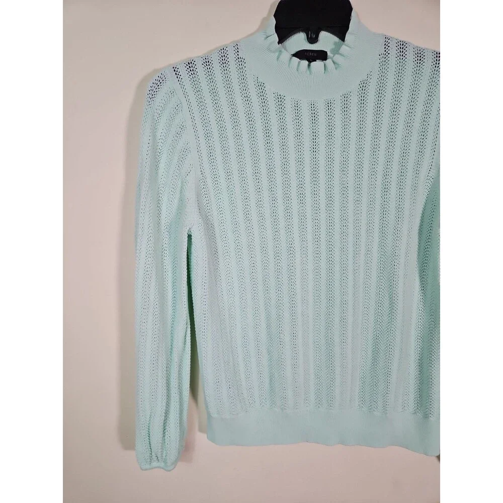 J CREW Women's Size L Mint Green Knit Sweater Ruffle Mockneck Long Sleeve - Picture 3 of 8